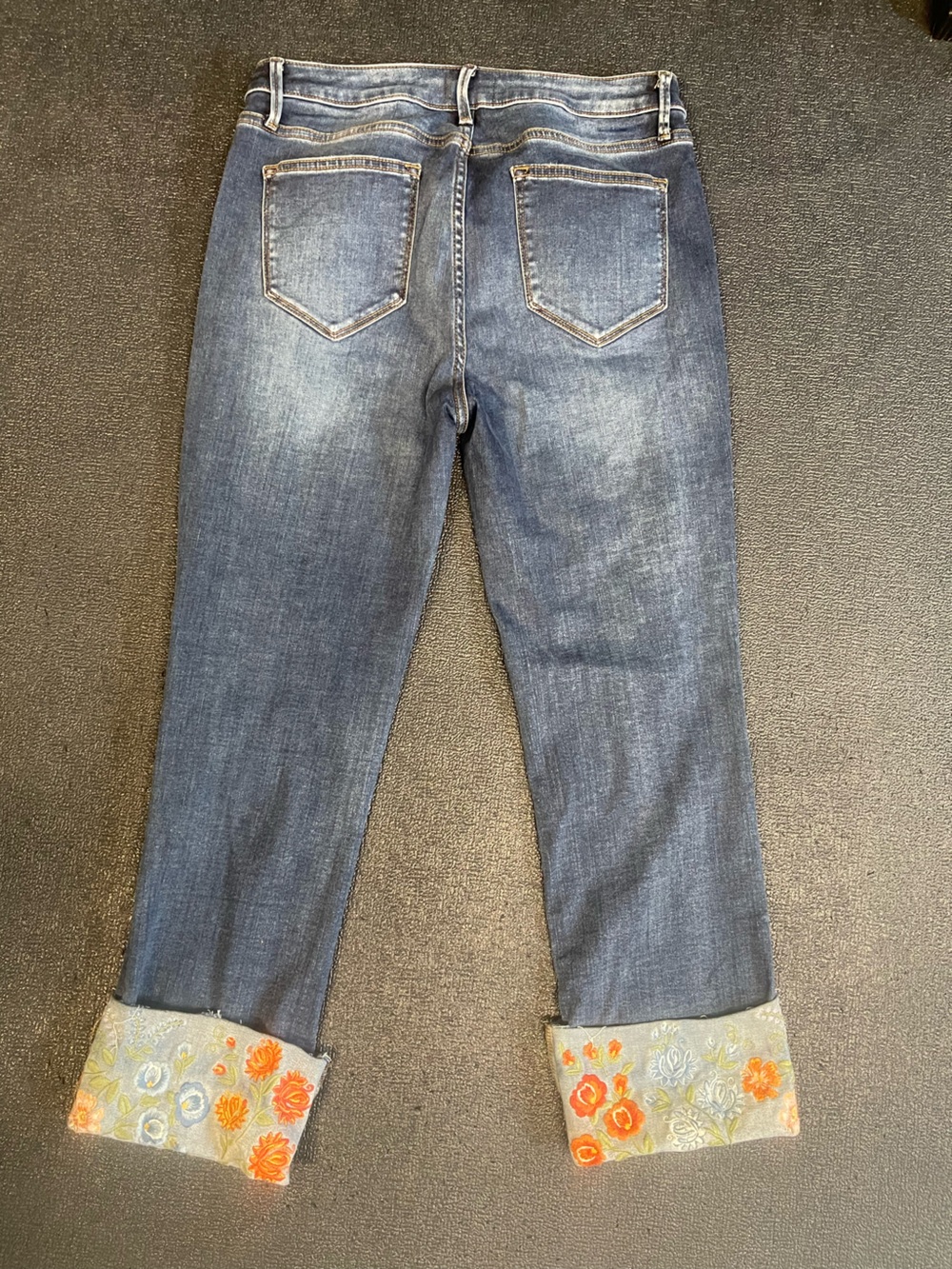 DRIFTWOOD-COLETTE Embroidered Floral Cuff Jeans, Blue with Orange & Light Floral - Picture 3 of 7